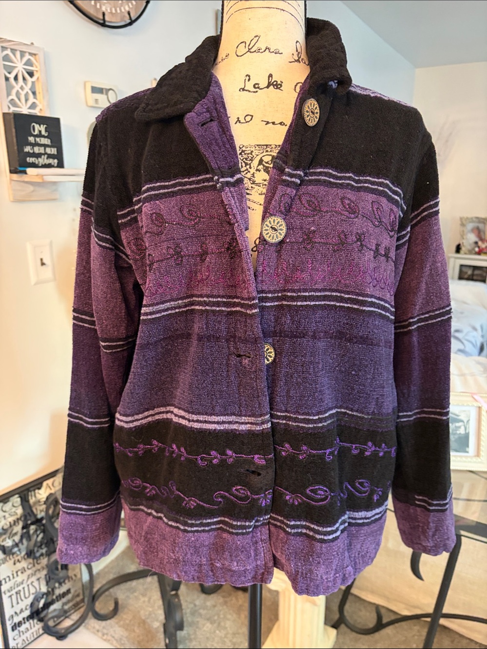 Coldwater Creek Black and Purple Striped Embroidered Button-Up Cardigan